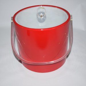 MCM Shelton Ware RED Ice Bucket Clear Lucite Lid Handle USA Retro Lowie Co